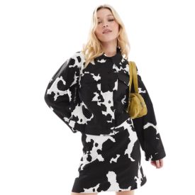 Object oversized denim jacket in chocolate cow print